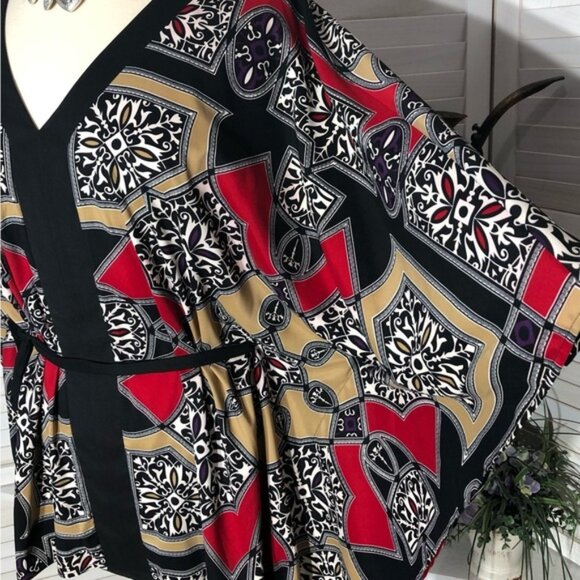Nicole Miller boho oversized kimono style red black tan floral tunic blouse XL - Picture 5 of 13